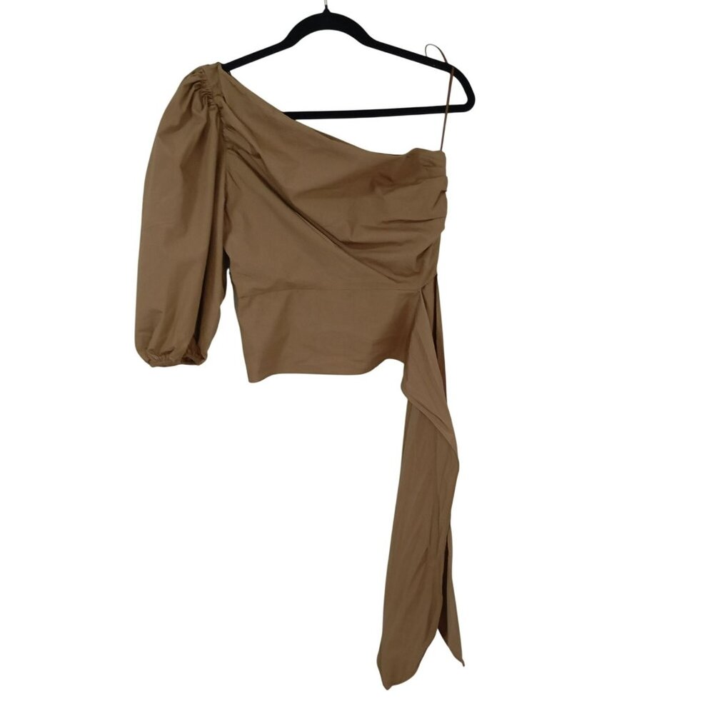 OlivaCeous Top Size M Ruched Sleeve & Draped Sash Detail One-Shoulder